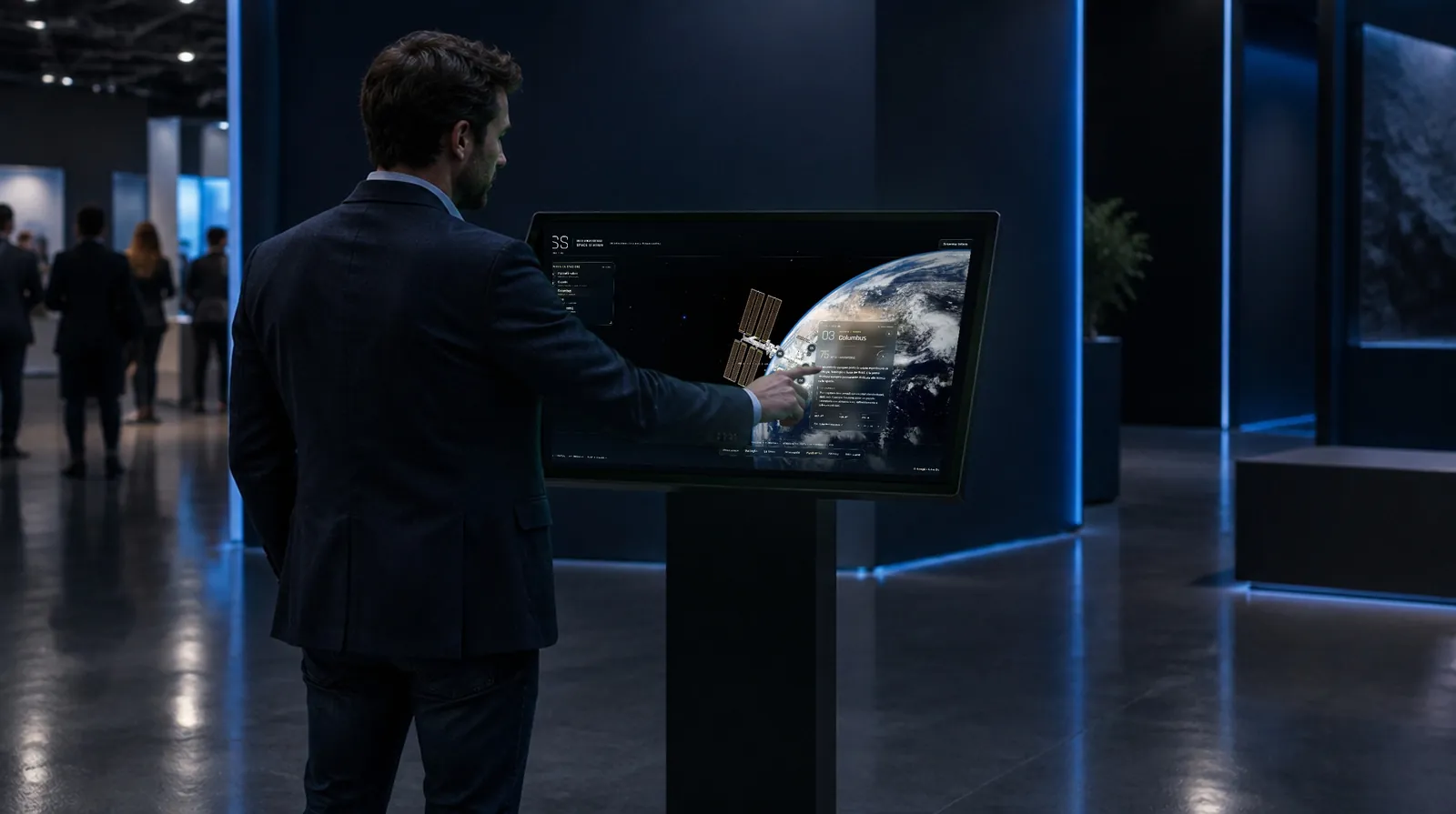 In uno stand fieristico un visitatore tocca lo schermo di un chiosco con la Stazione Spaziale Internazionale in 3D e la scheda del modulo Columbus aperta