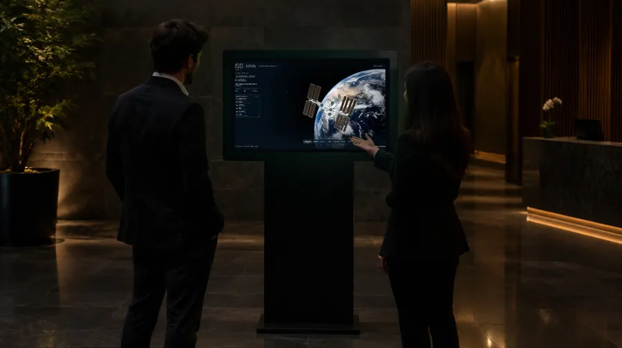 Due visitatori nella hall di un'azienda davanti a un totem che mostra la stazione in orbita attorno alla Terra